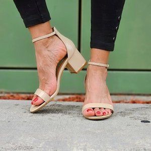 Women Ankle Straps Low Chunky Heels Sandals Beige Color